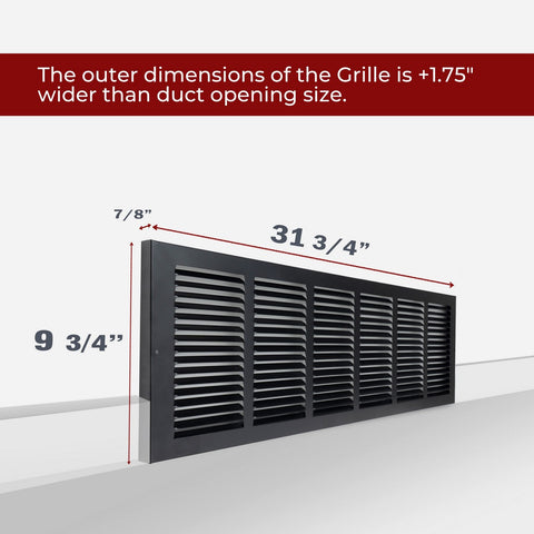 30"x8" Steel Baseboard Return Air Grille | Black | Outer Dimension: 31-3/4"W X 9-3/4"H