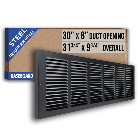 30 x 8-inch Black Steel baseboard return grille, packaging