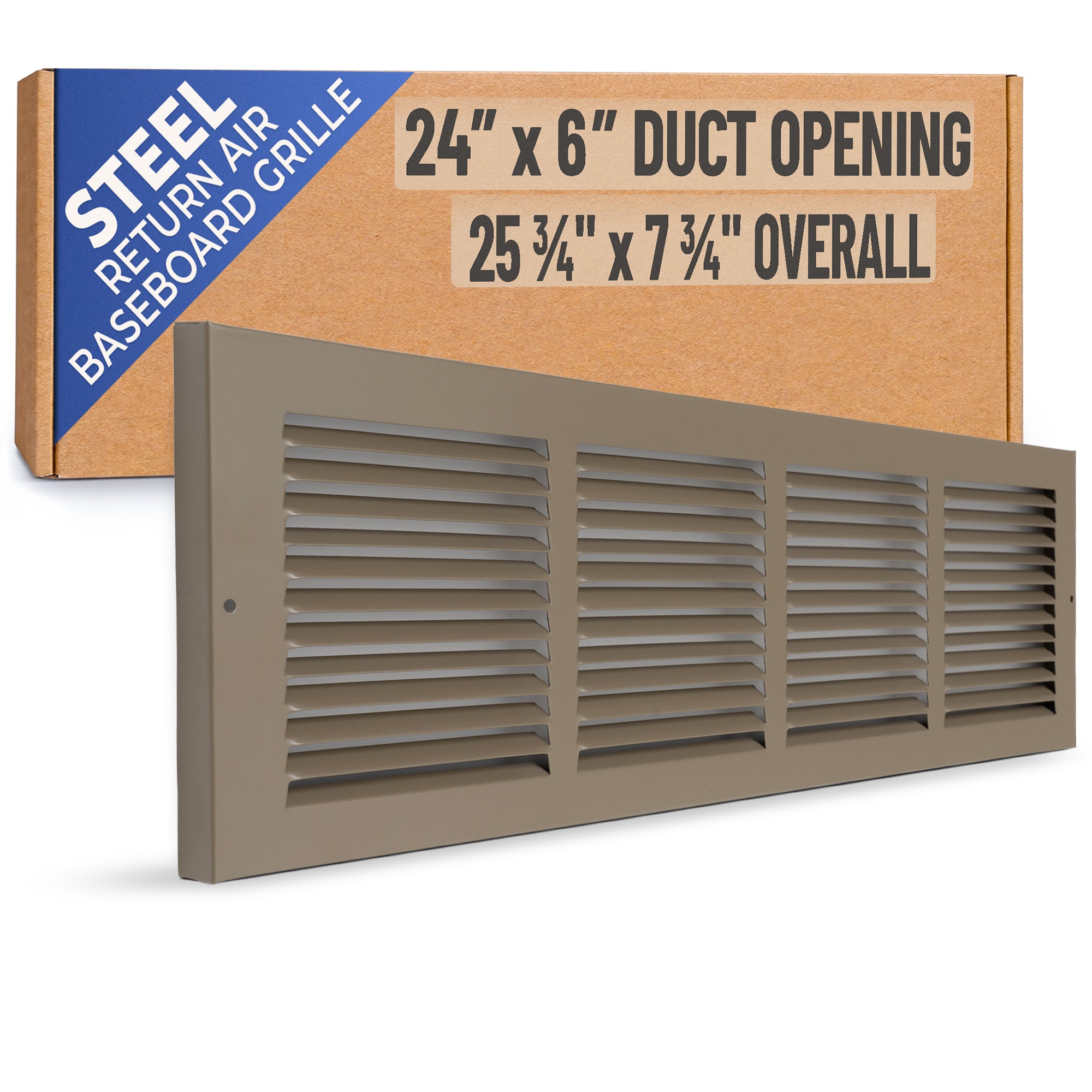 24 x 6-inch Brown Steel baseboard return grille, packaging