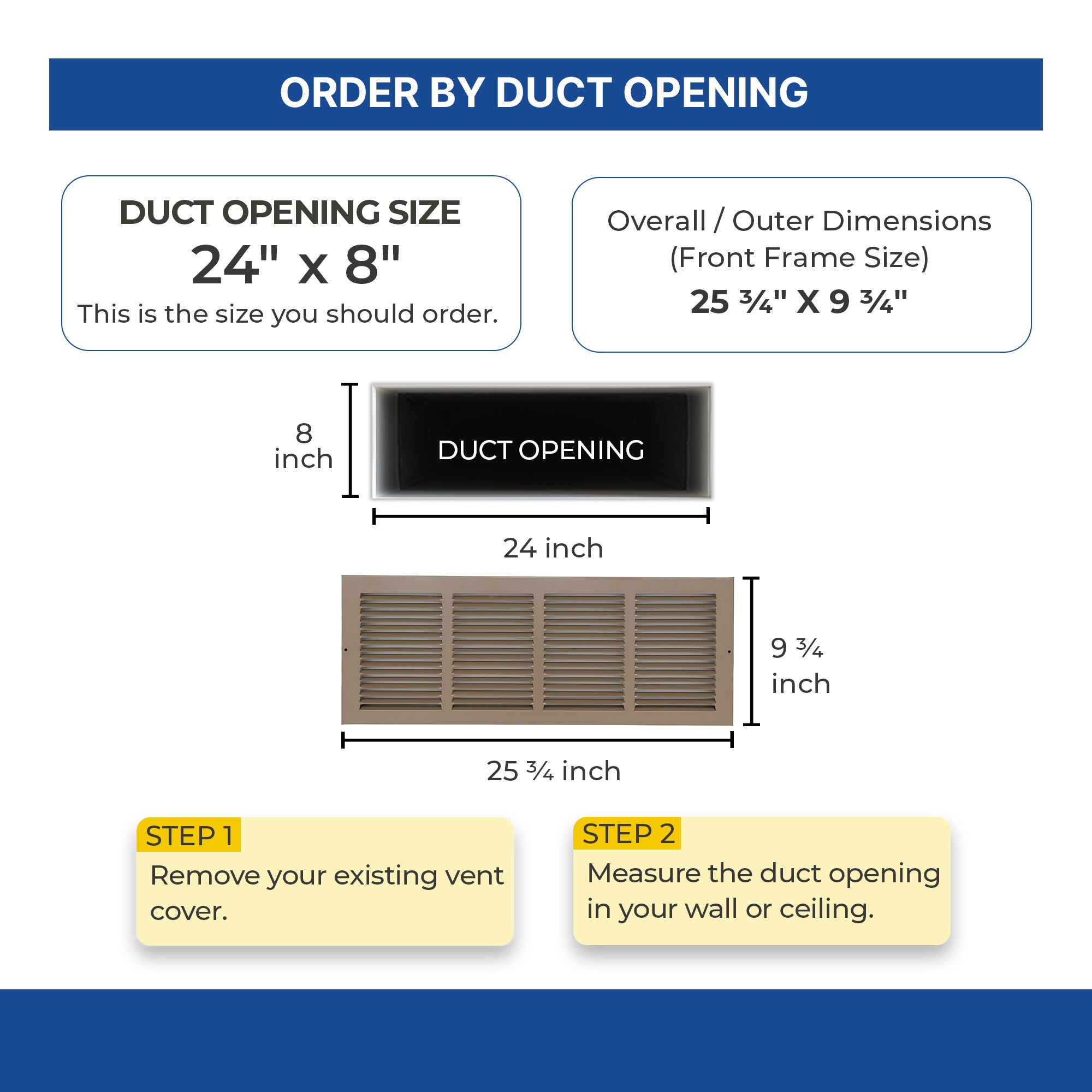 24 x 8-inch Brown Steel baseboard return grille, dimensions