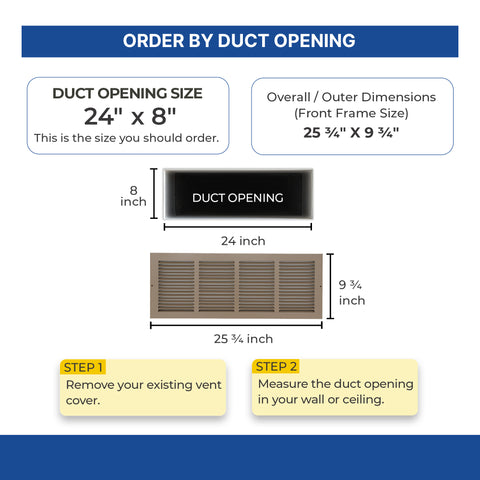 24 x 8-inch Brown Steel baseboard return grille, dimensions