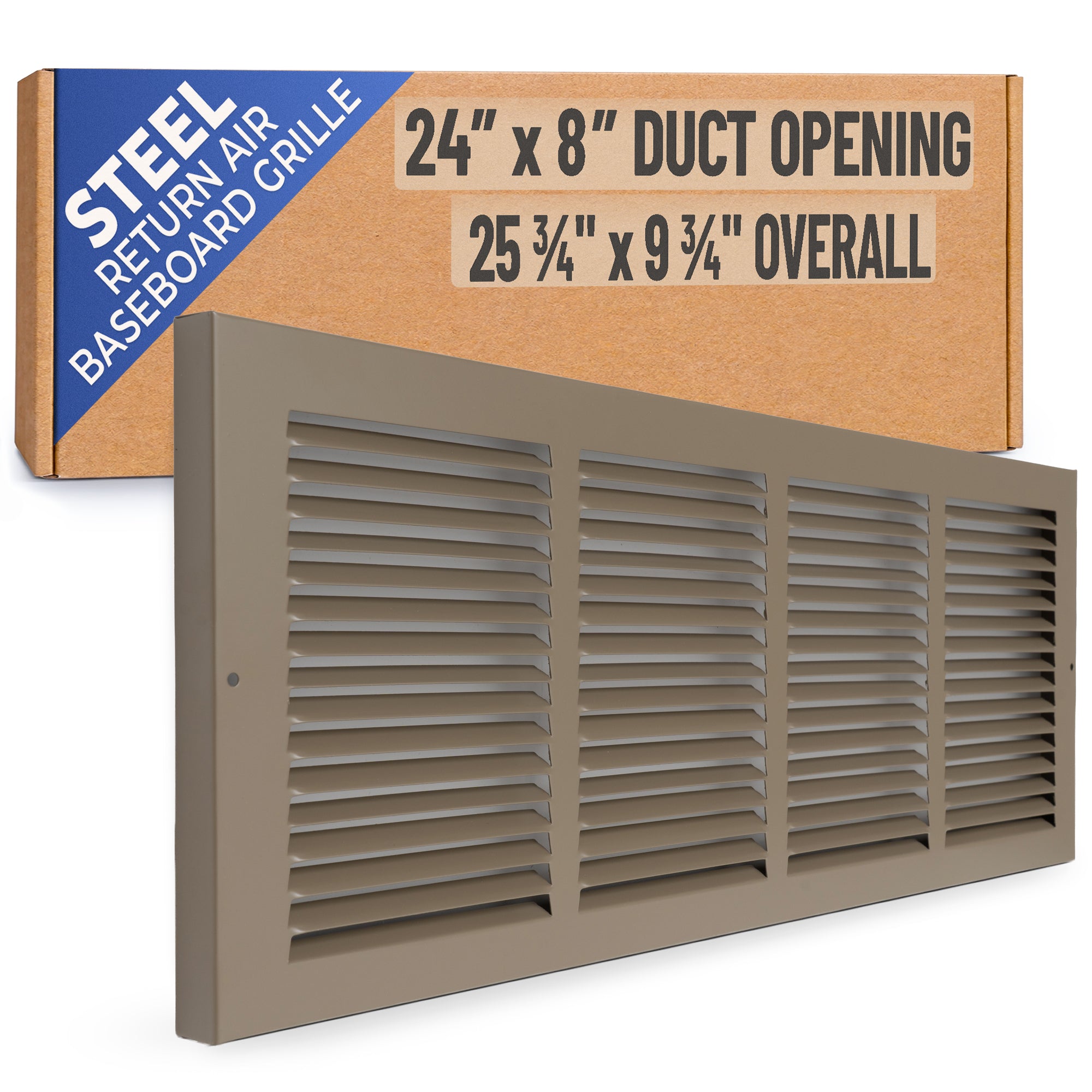 24 x 8-inch Brown Steel baseboard return grille, packaging