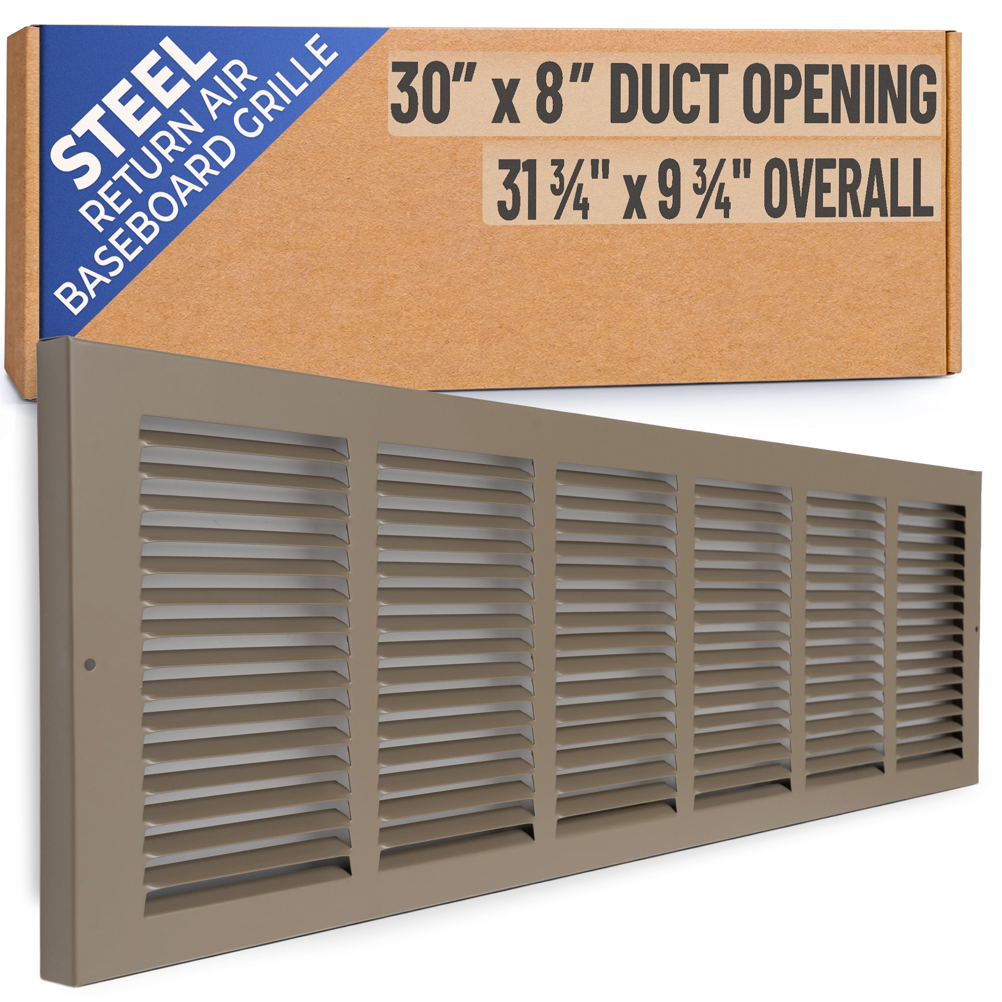 30 x 8-inch Brown Steel baseboard return grille, packaging