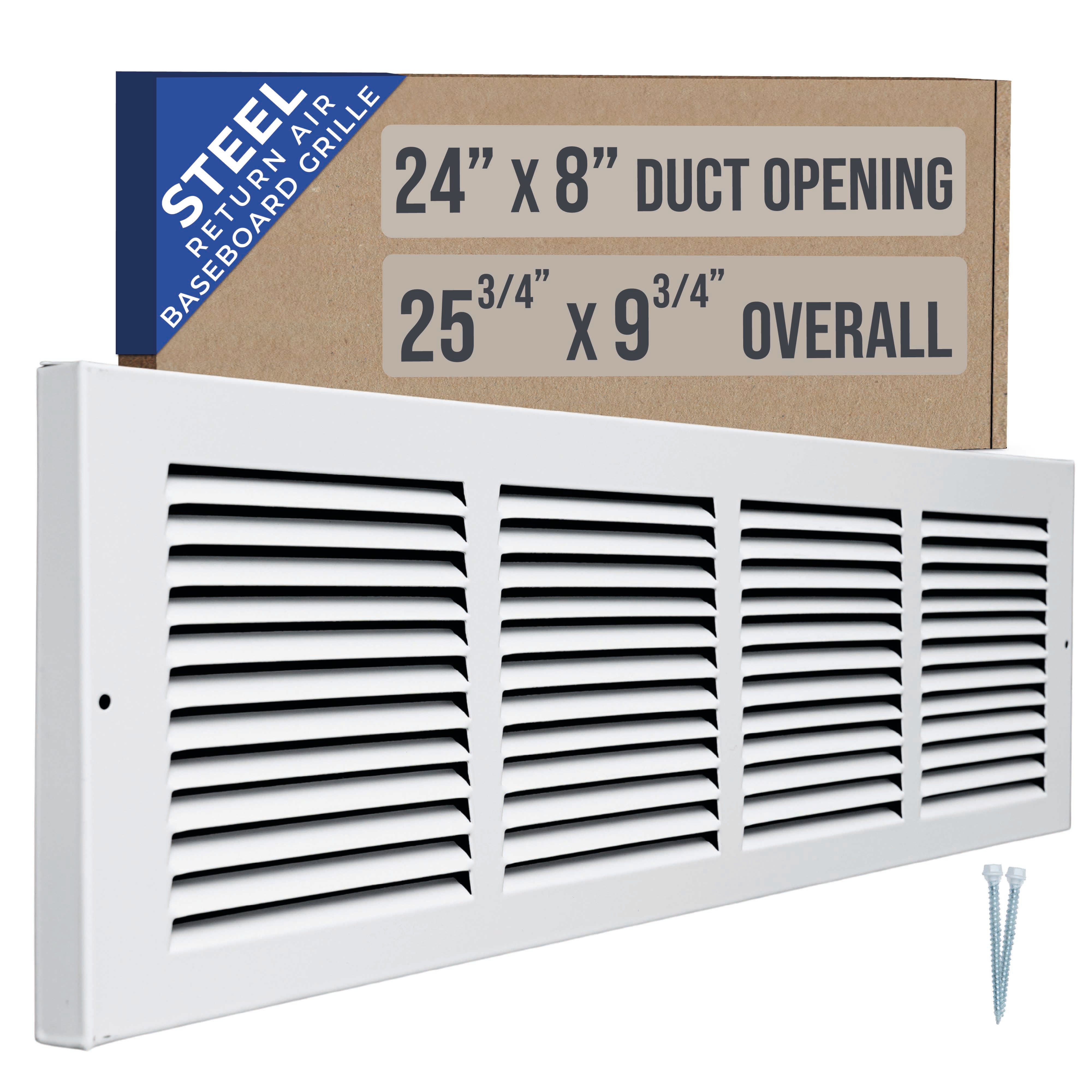 24 x 8-inch White Steel baseboard return grille, packaging