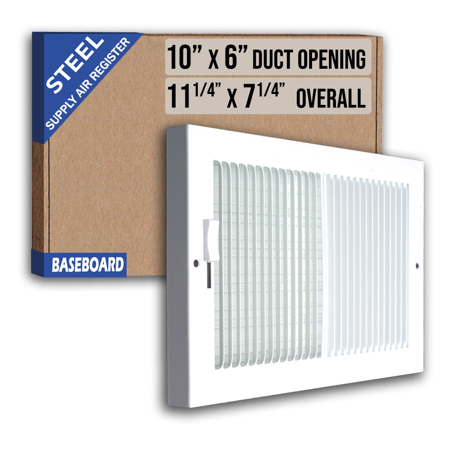 10 x 6-inch White Steel baseboard supply register, packaging