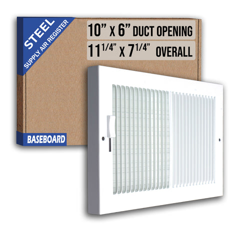 10 x 6-inch White Steel baseboard supply register, packaging