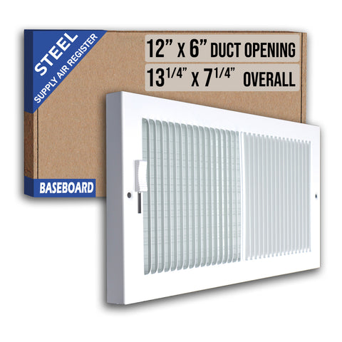 12 x 6-inch White Steel baseboard supply register, packaging