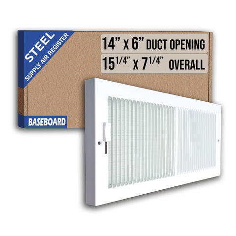 14 x 6-inch White Steel baseboard supply register, packaging