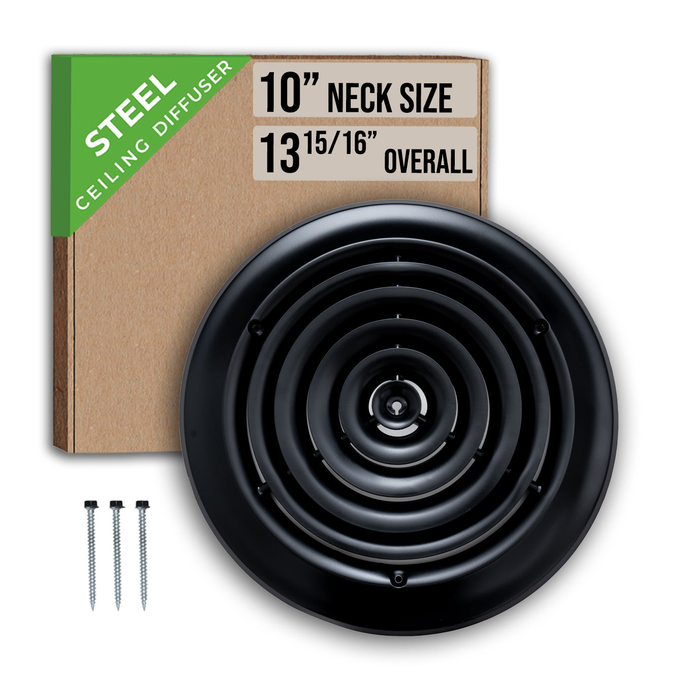 10" Neck Black Steel round diffuser, packaging