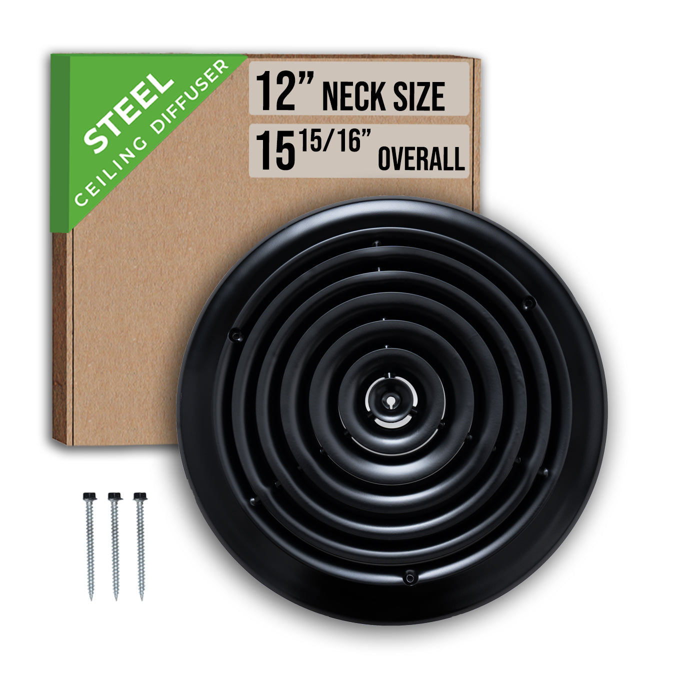 12" Neck Black Steel round diffuser, packaging