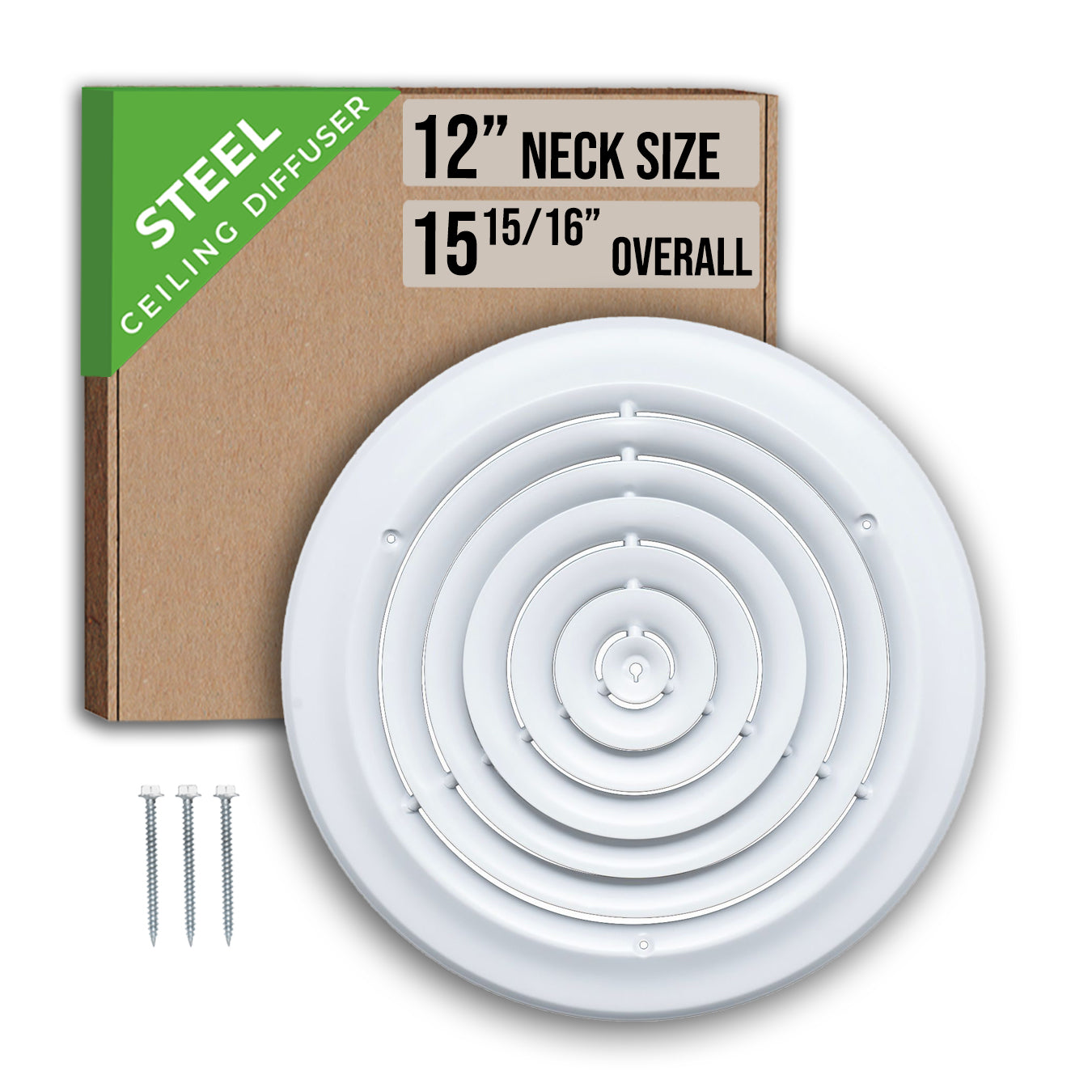 12" Neck White Steel round diffuser, packaging