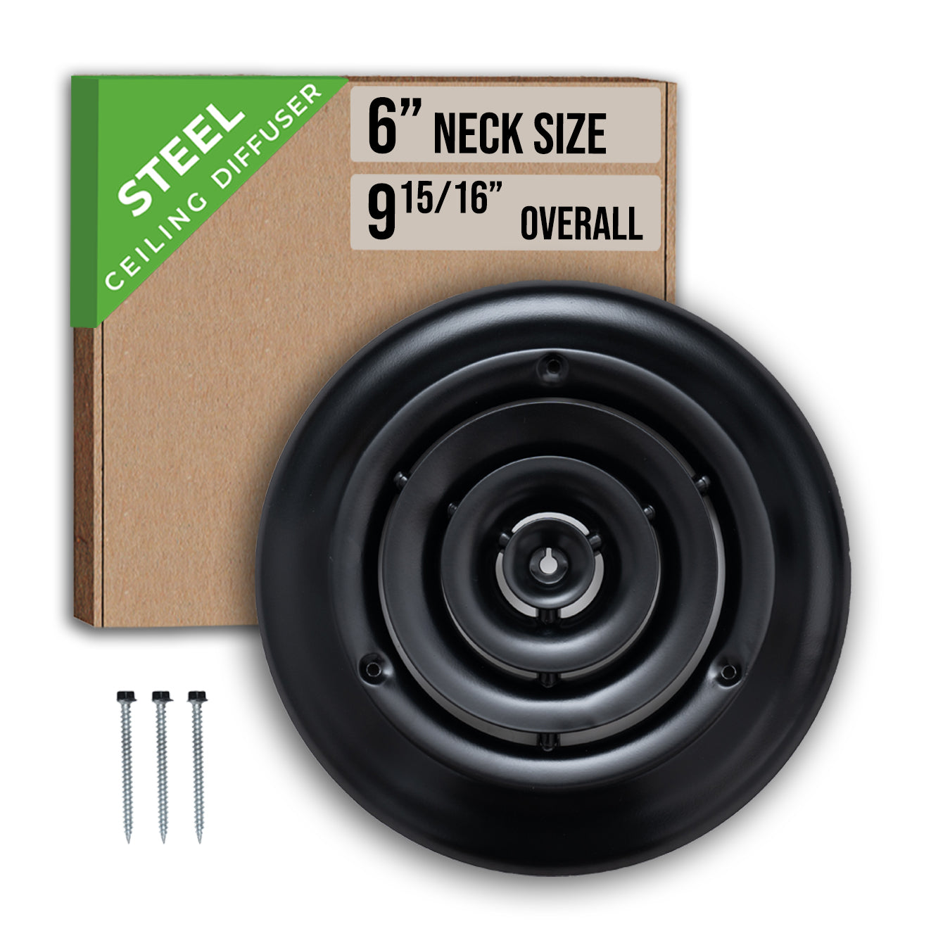 6" Neck Black Steel round diffuser, packaging