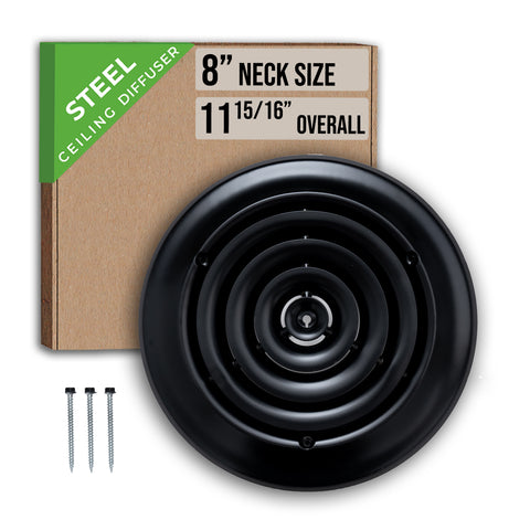 8" Neck Black Steel round diffuser, packaging