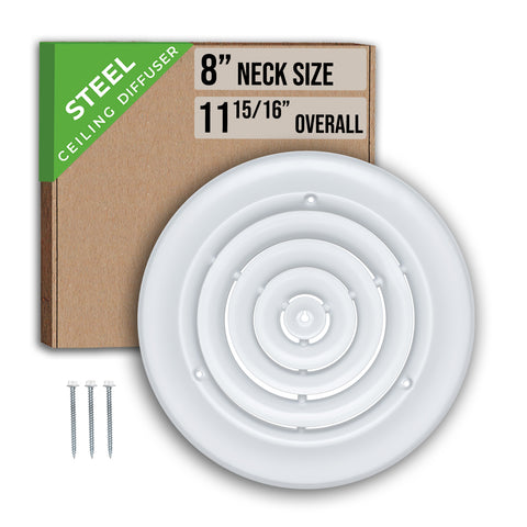 8" Neck White Steel round diffuser, packaging
