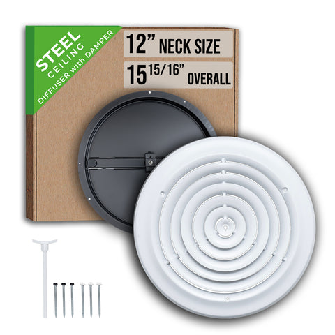 12" Neck White Steel round diffuser, packaging