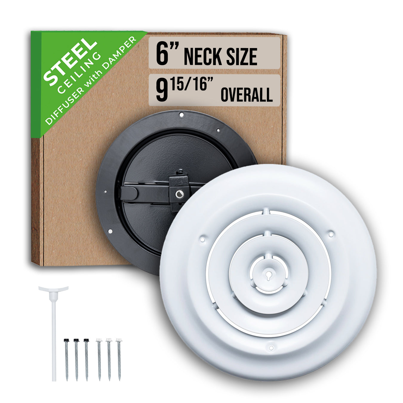 6" Neck White Steel round diffuser, packaging