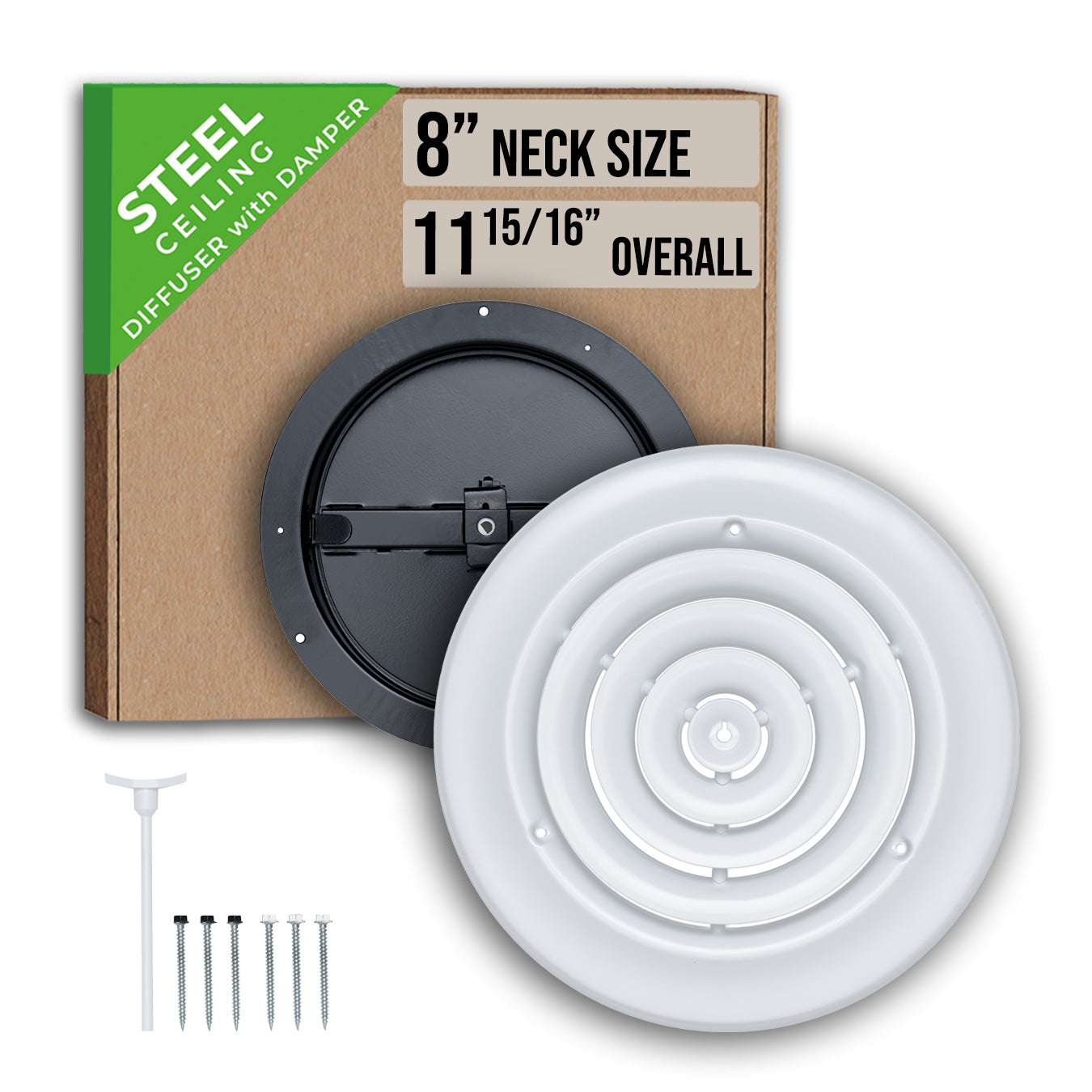 8" Neck White Steel round diffuser, packaging