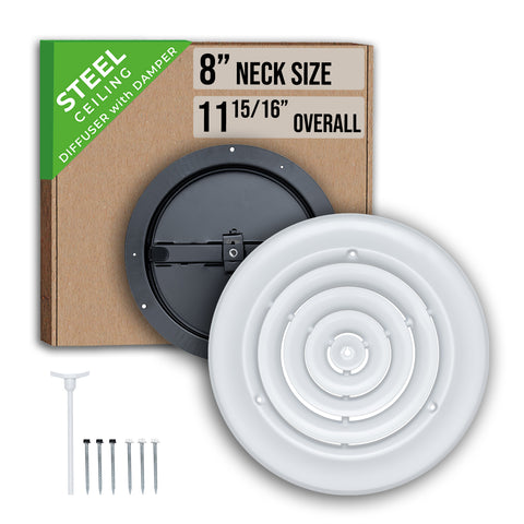 8" Neck White Steel round diffuser, packaging