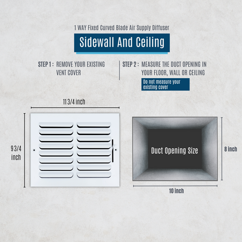 10"x8" 1-WAY Fixed Curved Blade Air Supply Diffuser | White | Outer Dimension: 11-3/4"W X 9-3/4"H