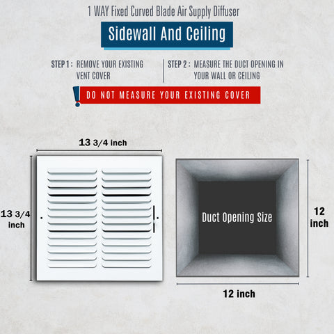 12"x12" 1-WAY Fixed Curved Blade Air Supply Diffuser | White | Outer Dimension: 13-3/4"W X 13-3/4"H