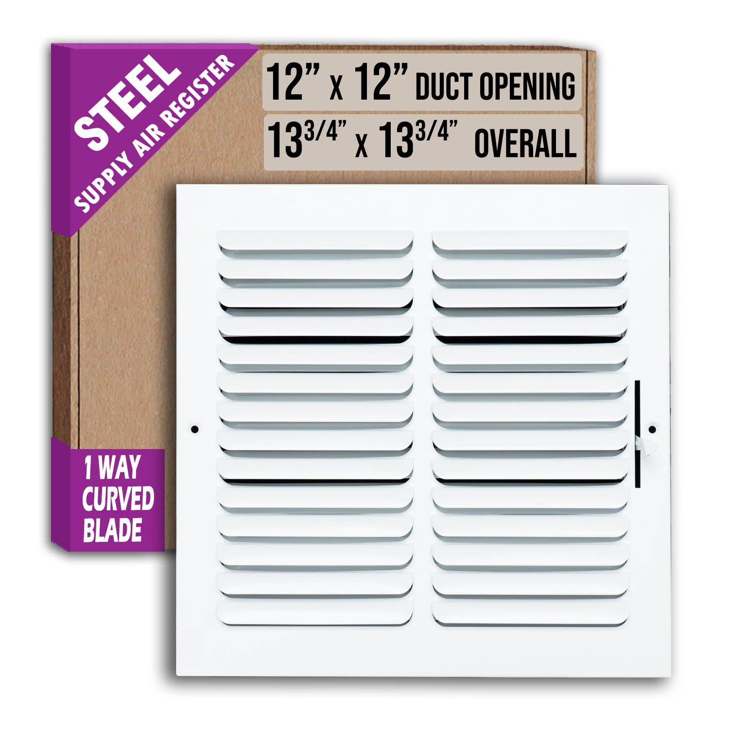 12 x 12-inch White Steel curved blade supply register, packaging