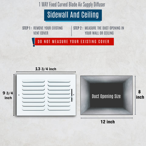 12"x8" 1-WAY Fixed Curved Blade Air Supply Diffuser | White | Outer Dimension: 13-3/4"W X 9-3/4"H