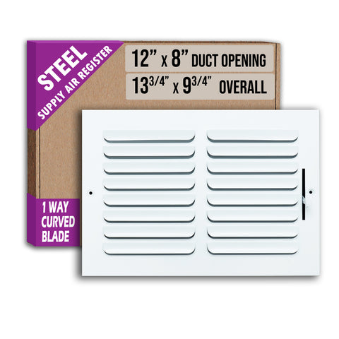 12 x 8-inch White Steel curved blade supply register, packaging
