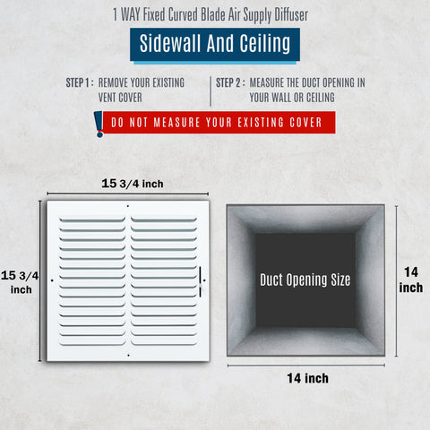 14"x14" 1-WAY Fixed Curved Blade Air Supply Diffuser | White | Outer Dimension: 15-3/4"W X 15-3/4"H