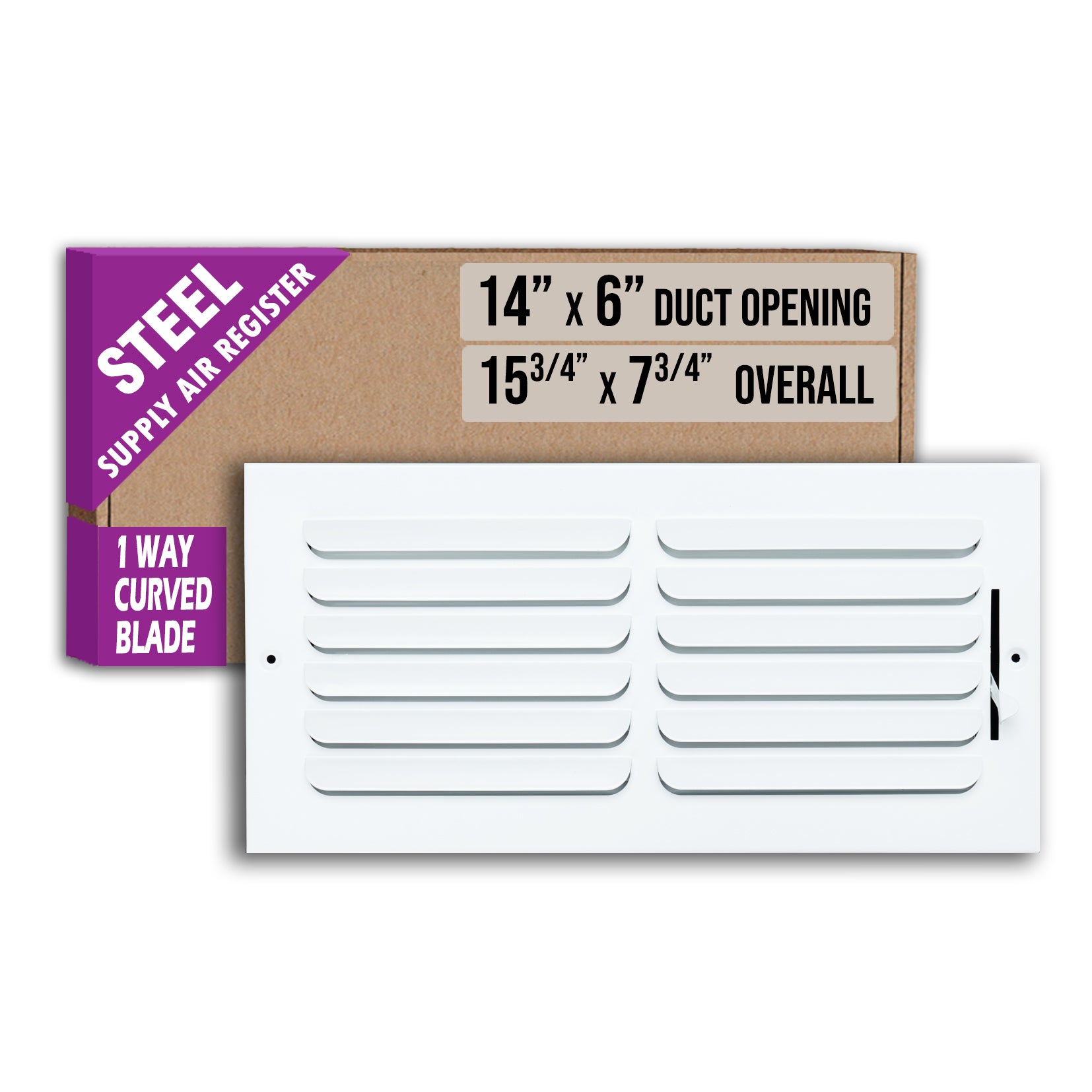 14 x 6-inch White Steel curved blade supply register, packaging