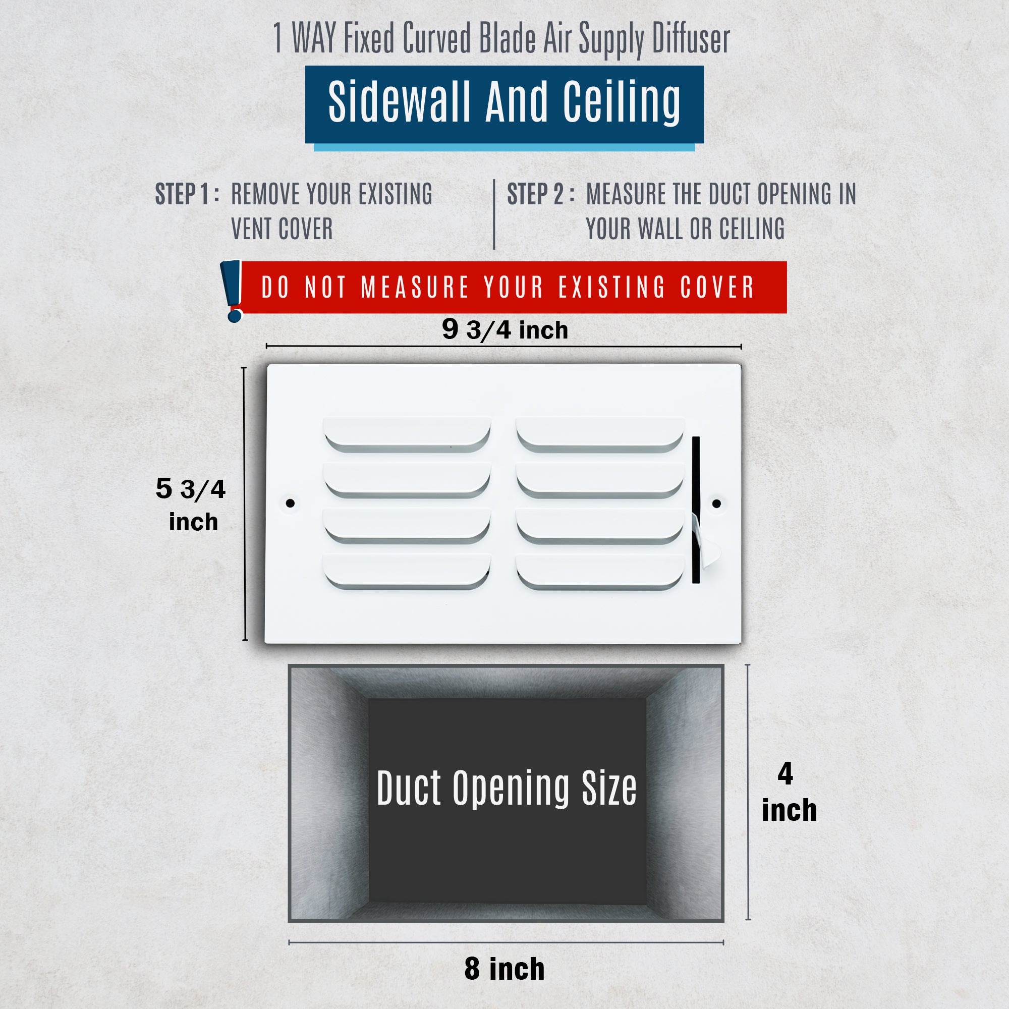 8 x 4-inch White Steel curved blade supply register, dimensions