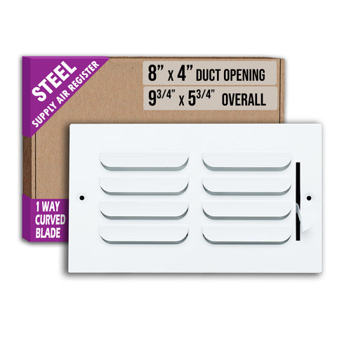 8 x 4-inch White Steel curved blade supply register, packaging