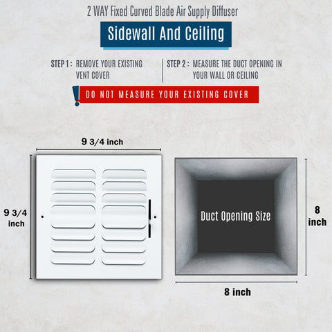 8"x8" 2-WAY Fixed Curved Blade Air Supply Diffuser | White | Outer Dimension: 9-3/4"W X 9-3/4"H