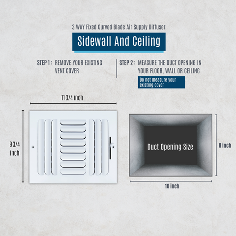 10"x8" 3-WAY Fixed Curved Blade Air Supply Diffuser | White | Outer Dimension: 11-3/4"W X 9-3/4"H