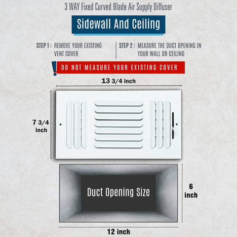 12"x6" 3-WAY Fixed Curved Blade Air Supply Diffuser | White | Outer Dimension: 13-3/4"W X 7-3/4"H