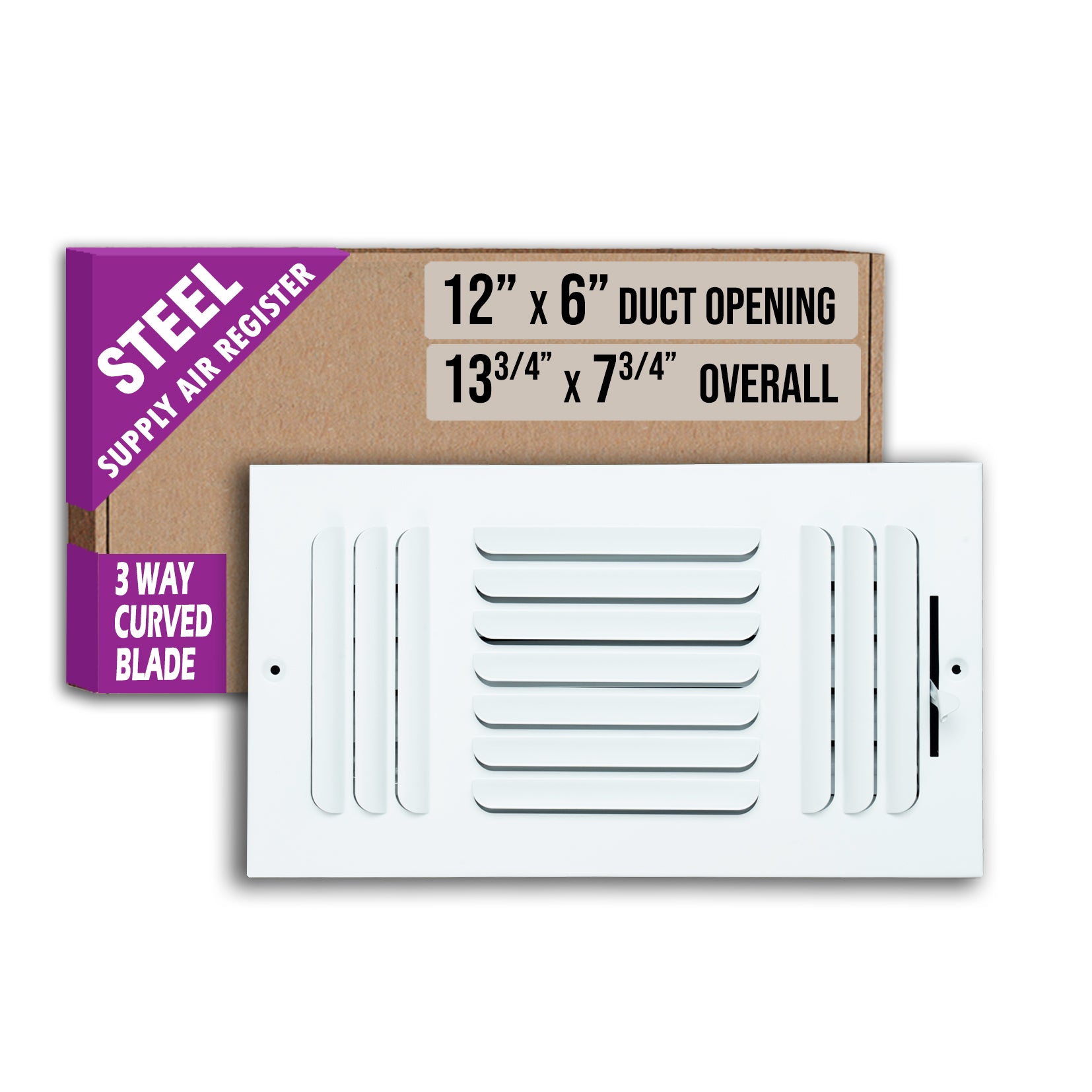12 x 6-inch White Steel curved blade supply register, packaging