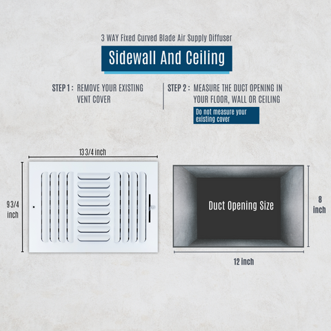 12"x8" 3-WAY Fixed Curved Blade Air Supply Diffuser | White | Outer Dimension: 13-3/4"W X 9-3/4"H