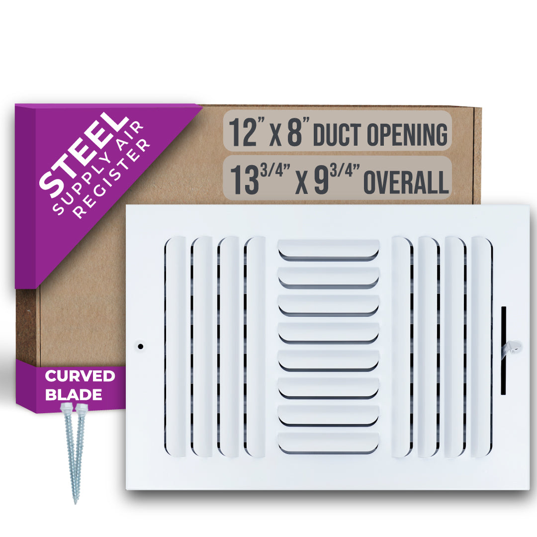12 x 8-inch White Steel curved blade supply register, packaging
