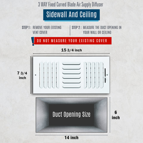 14"x6" 3-WAY Fixed Curved Blade Air Supply Diffuser | White | Outer Dimension: 15-3/4"W X 7-3/4"H