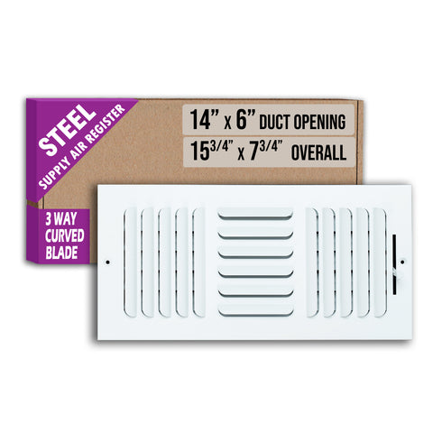 14 x 6-inch White Steel curved blade supply register, packaging