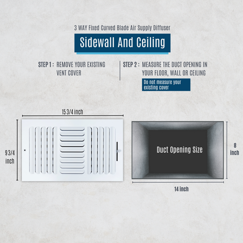 14"x8" 3-WAY Fixed Curved Blade Air Supply Diffuser | White | Outer Dimension: 15-3/4"W X 9-3/4"H
