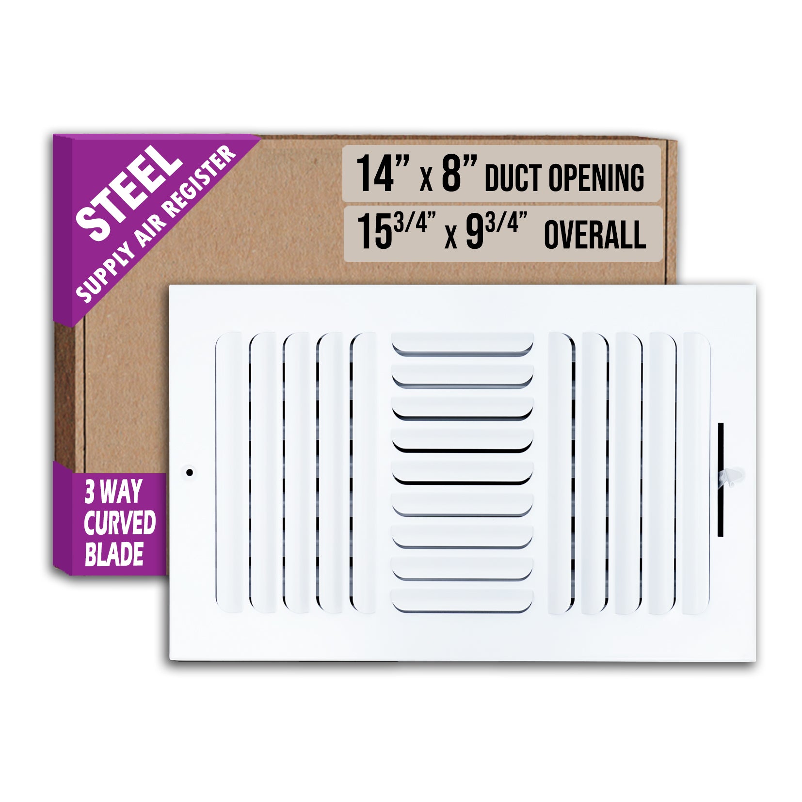 14 x 8-inch White Steel curved blade supply register, packaging