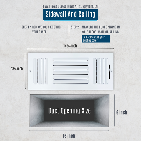16"x6" 3-WAY Fixed Curved Blade Air Supply Diffuser | White | Outer Dimension: 17-3/4"W X 7-3/4"H