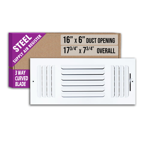 16 x 6-inch White Steel curved blade supply register, packaging