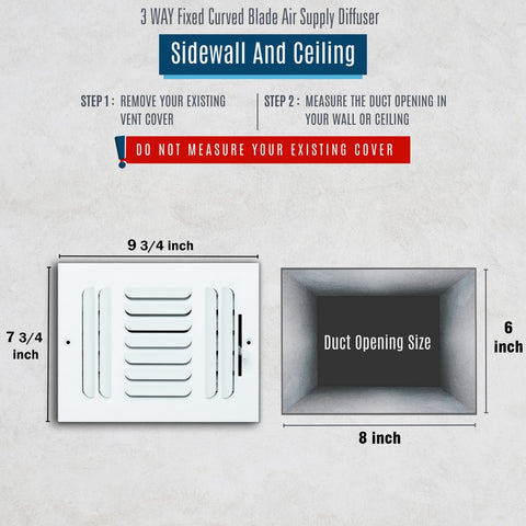 8"x6" 3-WAY Fixed Curved Blade Air Supply Diffuser | White | Outer Dimension: 9-3/4"W X 7-3/4"H