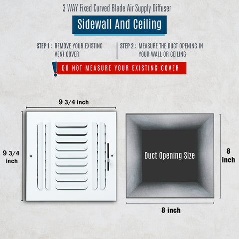 8"x8" 3-WAY Fixed Curved Blade Air Supply Diffuser | White | Outer Dimension: 9-3/4"W X 9-3/4"H