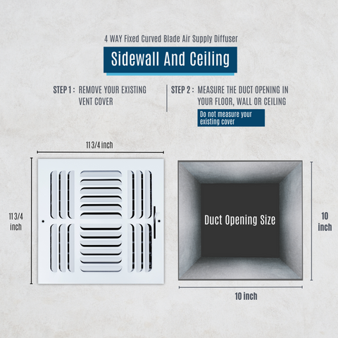 10"x10" 4-WAY Fixed Curved Blade Air Supply Diffuser | White | Outer Dimension: 11-3/4"W X 11-3/4"H