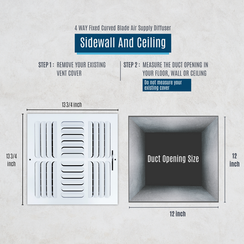 12"x12" 4-WAY Fixed Curved Blade Air Supply Diffuser | White | Outer Dimension: 13-3/4"W X 13-3/4"H