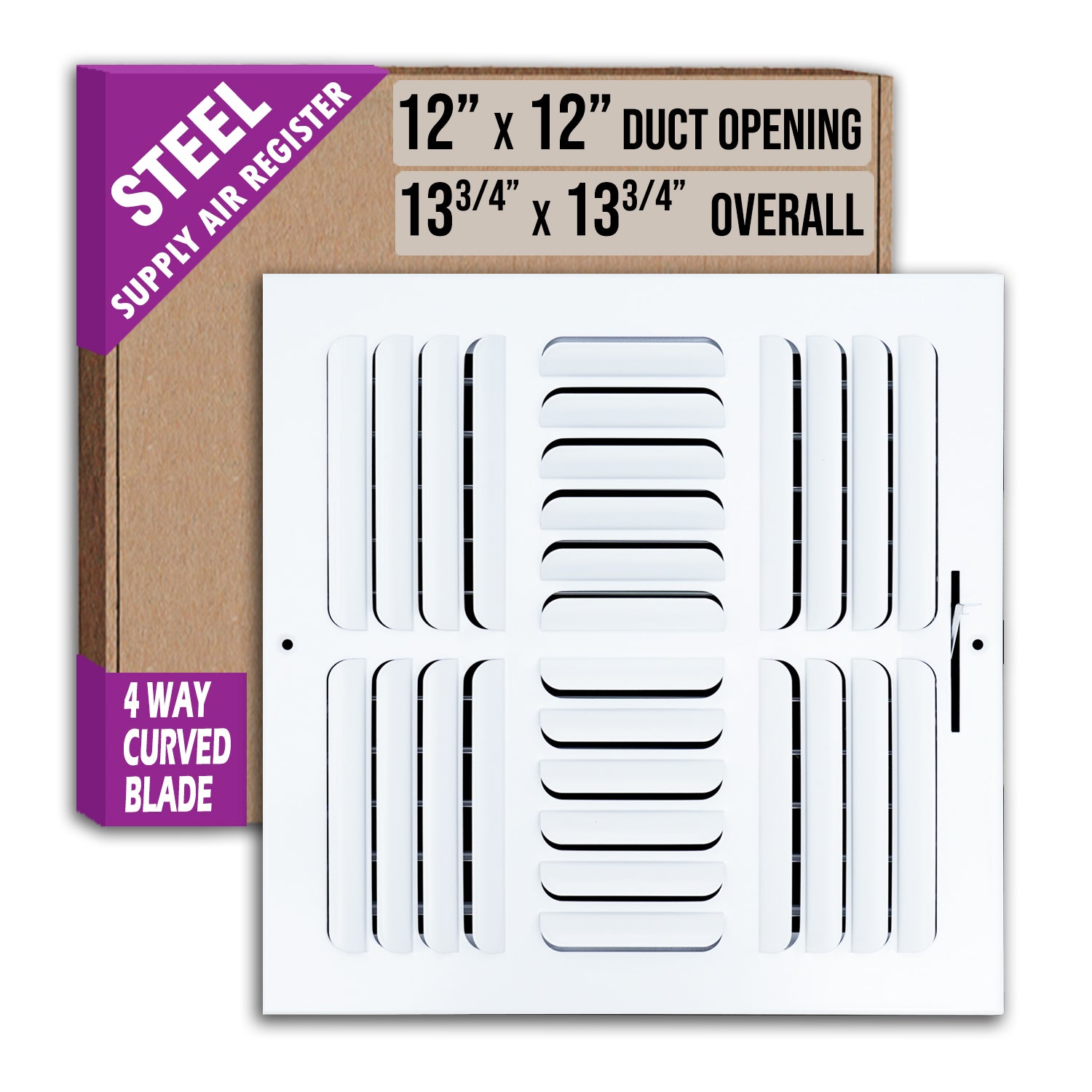 12 x 12-inch White Steel curved blade supply register, packaging