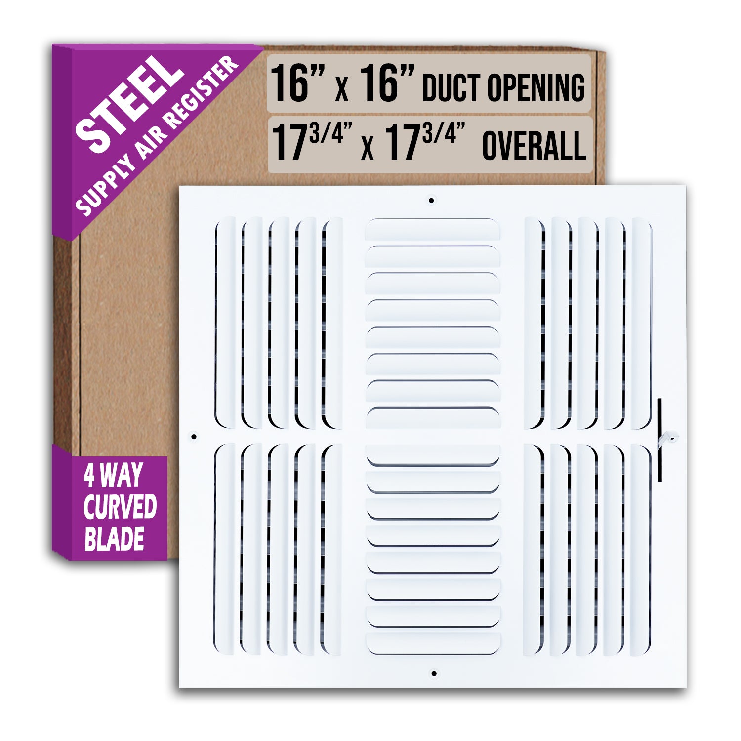 16 x 16-inch White Steel curved blade supply register, packaging
