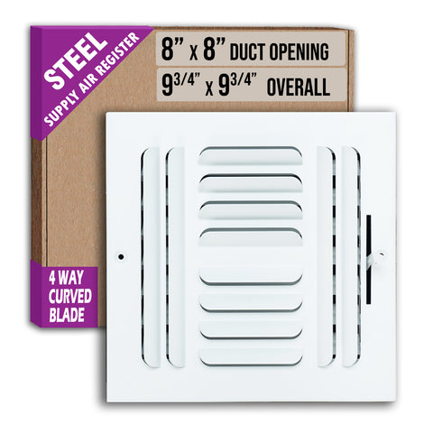 8 x 8-inch White Steel curved blade supply register, packaging
